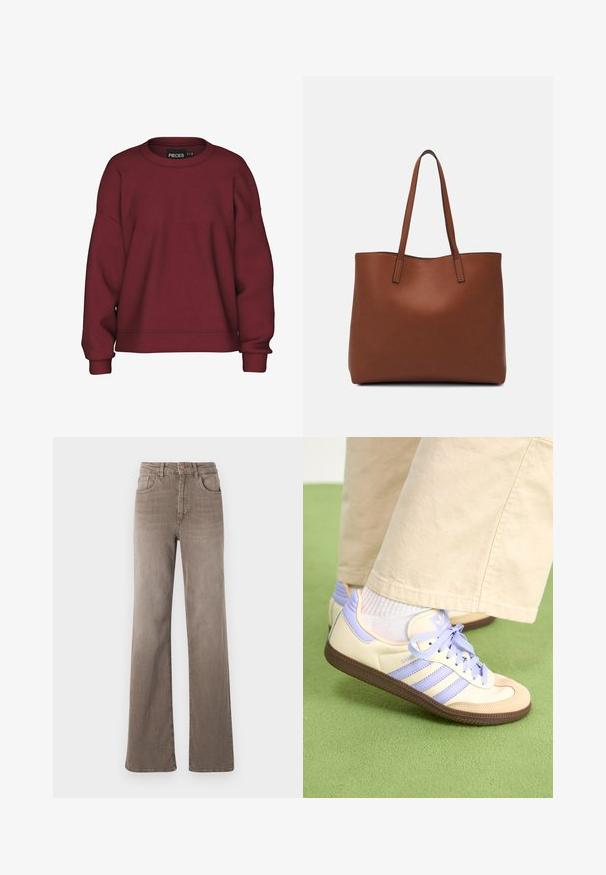 Bordo dukserica s okruglim izrezom, opuštenog kroja, dugih rukava, s rebrastim manžetama i mekim tekstilnim mješavinom pamuka. Jednostavan dizajn, bez uzoraka.; Smeđe traperice visokog struka ravnog kroja s prednjim gumbom, petljama za pojas i klasičnim dizajnom od pet džepova na bijeloj pozadini.; Kremasto-ljubičaste tenisice s tri pruge i strukturiranim smeškim potplatom, s vezicama i podstavljenim petom. Mekana gornja tkanina.; Smeđa kožna torba preko ramena s glatkom teksturom, otvorenim vrhom i dvjema naramenicama. Ima minimalne šavove i nema vidljivog hardvera.