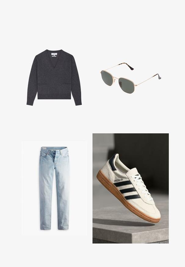 Tmavě šedý svetr s výstřihem do V vyrobený z měkkého materiálu, s dlouhými rukávy, žebrovaným lemem a dvěma předními kapsami pro větší detail.; Světle modré denimové džíny s rovnými nohavicemi, dvě přední kapsy a dvě zadní kapsy. Obsahují dvouknoflíkový zip a jemné prošívání.; Bílé semišové tenisky s námořnickými pruhy, gumovou podrážkou, texturovaným svrškem, kulatou špičkou a šněrováním; obsahují branding na boku a na jazyku.; Sluneční brýle s kovovým zlatým rámem a tmavě zelenými skly, styl aviatorek, s úzkými obroučkami a želvovinovými akcenty na špičkách.; Šedá syntetická taška s dvěma dlouhými uchy a odpovídající malou zipovou taštičkou se střapcem. Hladký povrch s jemným vzorem.