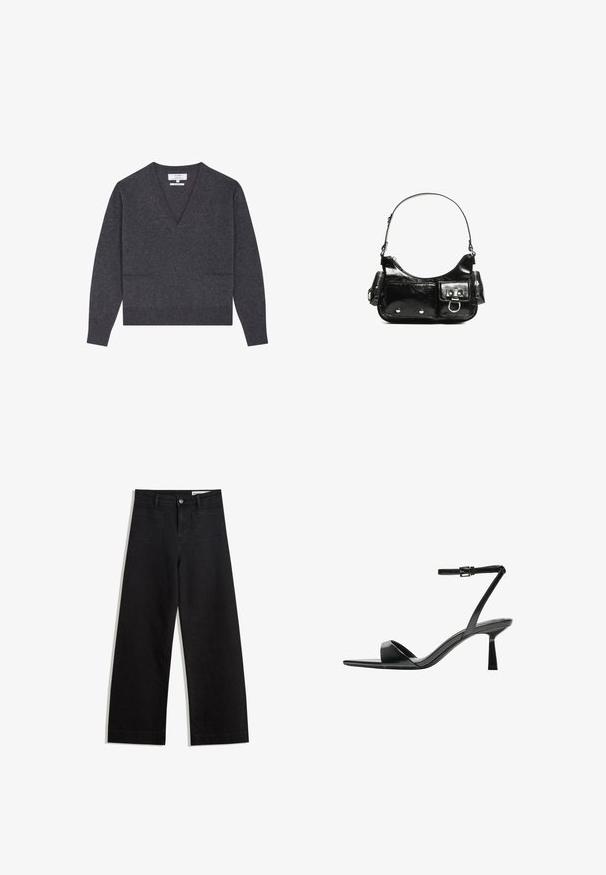 Pull en V gris foncé en matière douce, avec des manches longues, un ourlet côtelé et deux poches avant pour plus de détails.; Pantalon en denim noir à jambes larges avec une taille haute, comprenant des poches avant et arrière, des coutures piquées et une fermeture à bouton. Texture lisse.; Bershka Sandales à talons hauts - black; Sac à main en cuir verni noir avec une forme incurvée, une bandoulière, des poches avant et des accents en métal argenté.