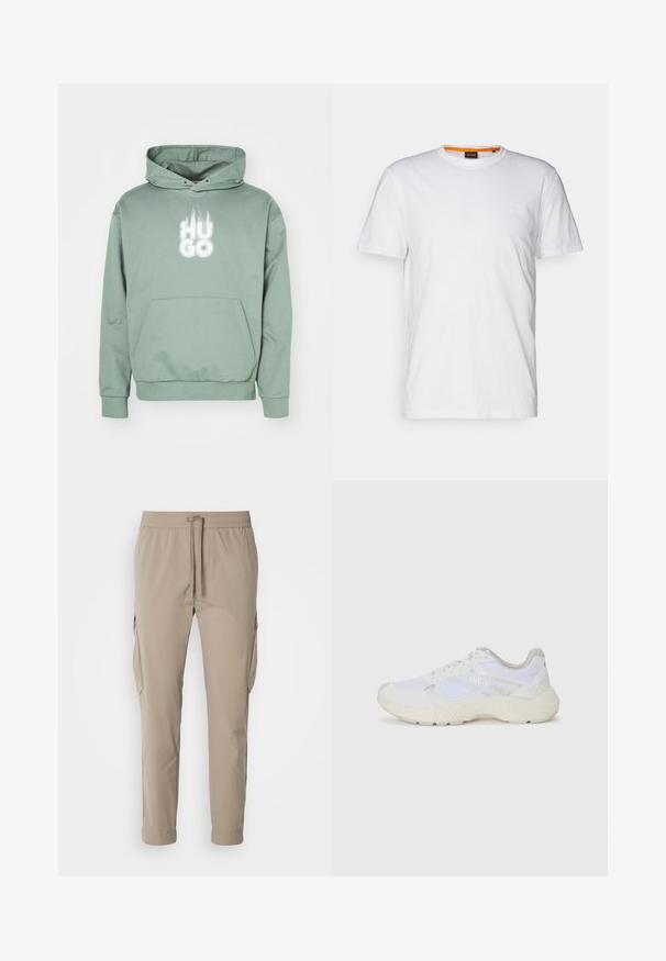 Grüner Pullover-Hoodie aus weichem Baumwoll-Mix, ausgestattet mit einem großen weißen "HUGO"-Logo mit Flammendetails, einer Kängurutasche und gerippten Bündchen.; Weißes Baumwoll-T-Shirt mit Rundhalsausschnitt, kurzen Ärmeln und einem dezenten geprägten Logo auf der Brust. Das Innenschild hat einen orangefarbenen Akzent.; Beige Cargo-Hosen mit elastischem Bund und Kordelzug. Sie verfügen über Seitentaschen und ein schmal zulaufendes Bein, gefertigt aus leichtem Stoff.; Weiße Sportschuhe aus Mesh und Wildleder, mit einer strukturierten Zwischensohle, strukturierten Akzenten und dem "HUGO"-Logo an der Seite.