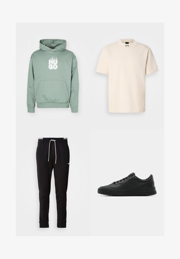 Felpa con cappuccio verde realizzata in morbido cotone misto, caratterizzata da un grande logo bianco "HUGO" con accenti di fiamma, tasca a marsupio e polsini a coste.; Maglietta a maniche corte color crema con colletto alto, con la scritta "BOSS" stampata in nero sulla parte anteriore del collo e sull'etichetta interna.; Pantaloni jogger slim-fit neri con cordoncino bianco, polsini a coste e logo discreto sulla coscia contro uno sfondo uniforme.; Sneaker nera con tomaia in pelle liscia, punta rotonda, lacci piatti, collare imbottito e design minimalista. Suola in gomma con un delicato motivo a rilievo.