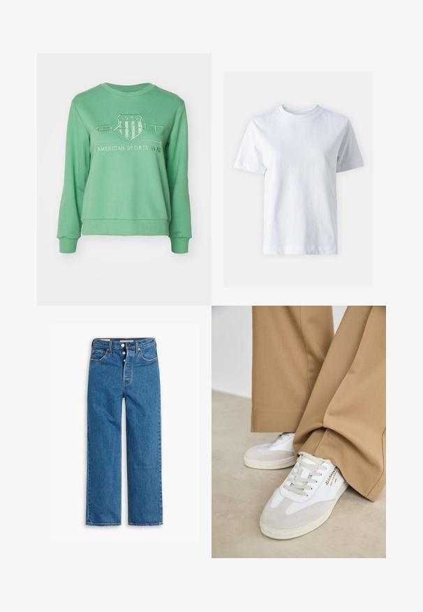 GANT TONAL SHIELD C NECK - Sweater - seacrest green; Witte katoen t-shirt met een ronde hals, korte mouwen, een rechte snit en een gladde textuur. Geen patronen of versieringen.; Blauwe denim jeans met rechte pijpen en hoge taille, vijf zakken en een knoopsluiting. Merkbare stiksels en koperen klinknagels.; Witte sneakers met suède accenten, gestructureerde veters en een rubberen zool. Gecombineerd met losse beige broek. Logo zichtbaar aan de zijkant.