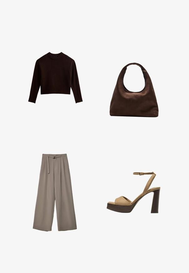 Brun kortärmad tröja i mjukt material. Har en ribbad halsringning och fåll, med långa ärmar och en avslappnad passform.; Breda byxor i ett mjukt, dämpat grått tyg, med belagd midja och veck för extra designdetaljer. Slät textur, inga mönster.; Beiga suède högklackade sandaler med ett brett framrem och ankelsrem, med en kraftig träblockklack med en strukturerad yta.; Mjuk brun hobo-väskastil med ett brett axelband och en rundad öppning upptill, visad på en vit bakgrund.