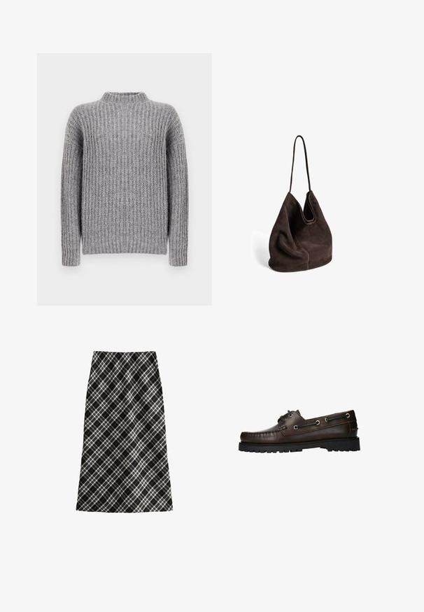 Pull en laine grise avec un col montant, présentant une texture côtelée verticale et des manches longues, finition douce et une forme de corps légèrement plus large.; Jupe à carreaux noir et blanc, mi-longue, silhouette en A, en tissu texturé, avec des lignes entrecroisées et des motifs géométriques sur toute la surface.; Chaussure de bateau en cuir marron avec des coutures de style mocassin, des œillets en métal et une semelle en caoutchouc noir texturé.; Sac en suede marron avec une forme douce et décontractée, doté d'une fine sangle unique. Il présente une ouverture arrondie et une texture lisse, avec un design globalement minimaliste.