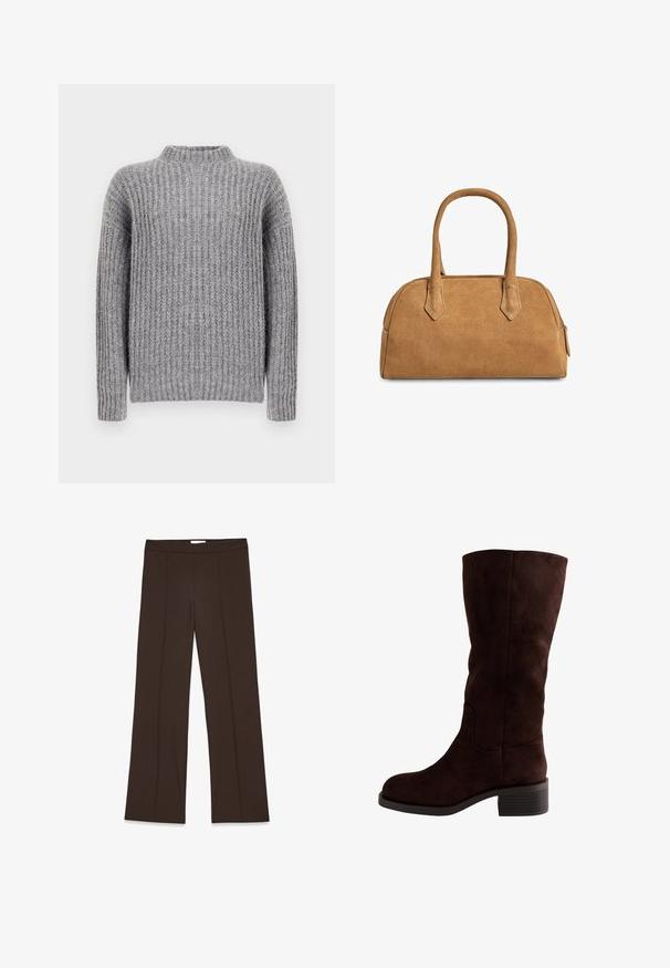 Szary sweter z dzianiny z wysokim dekoltem, z pionowymi prążkami i długimi rękawami, o miękkim wykończeniu i nieco szerszym kroju.; Brązowe, szerokie spodnie z gładkiego materiału; mają plisę z przodu i standardowy pas. Minimalistyczny design bez widocznych zapięć.; Brązowe zamszowe wysokie botki do kolan z zaokrąglonym noskiem, blokowym obcasem i bocznymi detalami w postaci przeszyć. Gładka tekstura z matowym wykończeniem.; Torebka zamszowa w kolorze tan, o wyraźnie zdefiniowanej formie, z dwiema rączkami, trójkątnymi wycięciami oraz zamkiem błyskawicznym na górze dla zapewnienia zamknięcia.