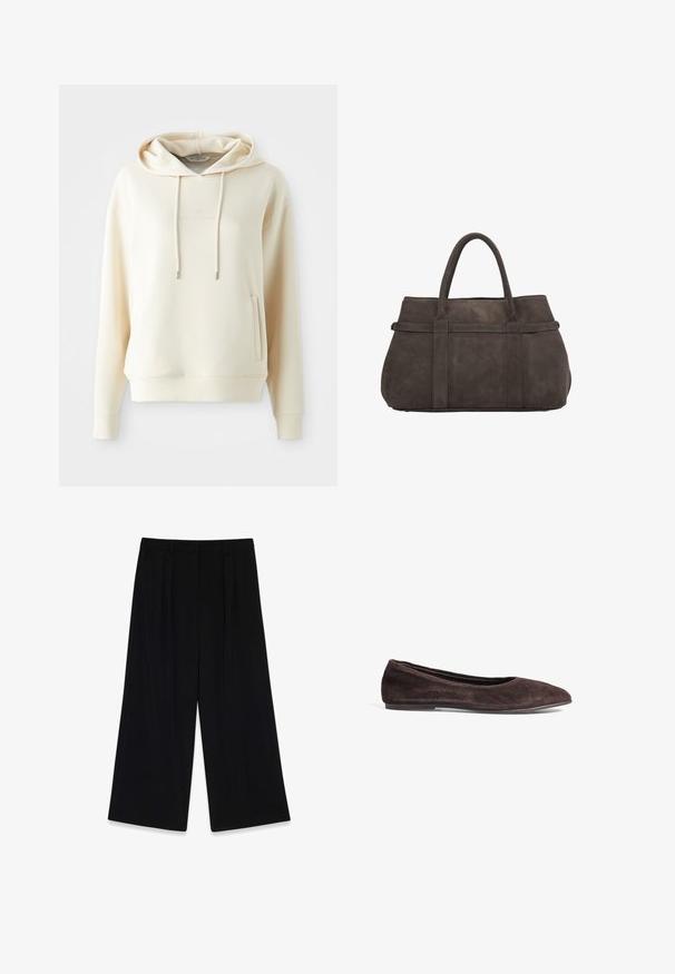 Kremowa bluza z kapturem z przednią kieszenią kangurką i sznureczkami, z subtelnym, tonalnym napisem logo umieszczonym na środku klatki piersiowej.; Zestaw trzech bluzek z długim rękawem w jednolitym białym kolorze. Wykonane z miękkiego, lekkiego materiału, z okrągłym dekoltem i prostym, nieozdobionym designem.; Czarne, szerokie spodnie wykonane z gładkiego materiału, z plisami z przodu, średnim stanem w talii oraz bez widocznych zapięć czy ozdób.; Brązowe zamszowe baleriny z wąskim czubkiem i niskim profilem. Charakteryzują się gładką fakturą i minimalistycznym wzornictwem. Brak widocznych elementów metalowych lub dekoracji.; Torba tote w ciemnoszarym zamszu z dwoma zaokrąglonymi uchwytami, o uporządkowanym kształcie i minimalistycznym designie; brak widocznych elementów metalowych ani akcentów.