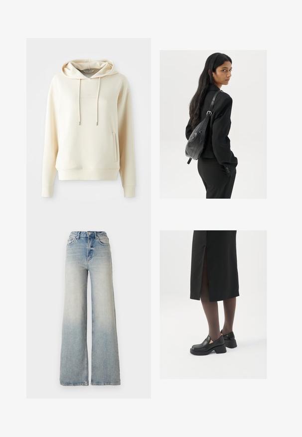 Cremfarbener Kapuzenpullover mit frontaler Kängurutasche und Kordelzügen, mit dezentem, tonal gehaltenem Logo-Text in der Mitte der Brust.; Hellblaue weit geschnittene Jeans aus Denim, mit hoher Taille, fünf Taschen und sichtbaren Nähten entlang der Säume.; Schwarze Lederschuhe mit abgerundetem Zeh, dicker Blockabsatz und elastischen seitlichen Akzenten, kombiniert mit dunklen Strumpfhosen und einem schwarzen Rock mit Schlitz.; Frau mit langen dunklen Haaren, die einen schwarzen Anzug trägt und eine schwarze Lederschultertasche hält, schaut über ihre Schulter vor einem weißen Hintergrund.; Silberne Creolen mit minimalistischem Design. Rundform, glatte Oberfläche und dünnes Profil. Leichtgewichtig mit hochglänzender Oberfläche.