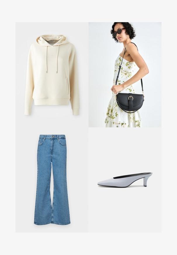 Bjelokvantna dukserica s kapuljačom, prednjim kenguruvim džepom i vezicama, s diskretnim toniranim logotipom centriranim na prsima.; Svijetloplave traperice s flared nogavicama, visokog struka, s pet džepova i jednim dugmetom za zatvaranje. Mekani materijal s izblijedjelim izgledom.; Tamnoplava lakirana mule cipela s oštrim nosom, niskim prozirnim potpeticama i elegantnim dizajnom s izrezom na gornjem dijelu.; Crna kožna torba s lukovitim oblikom, odvojivim remenom i zlatnim detaljima. Torba ima preklop s kopčom.