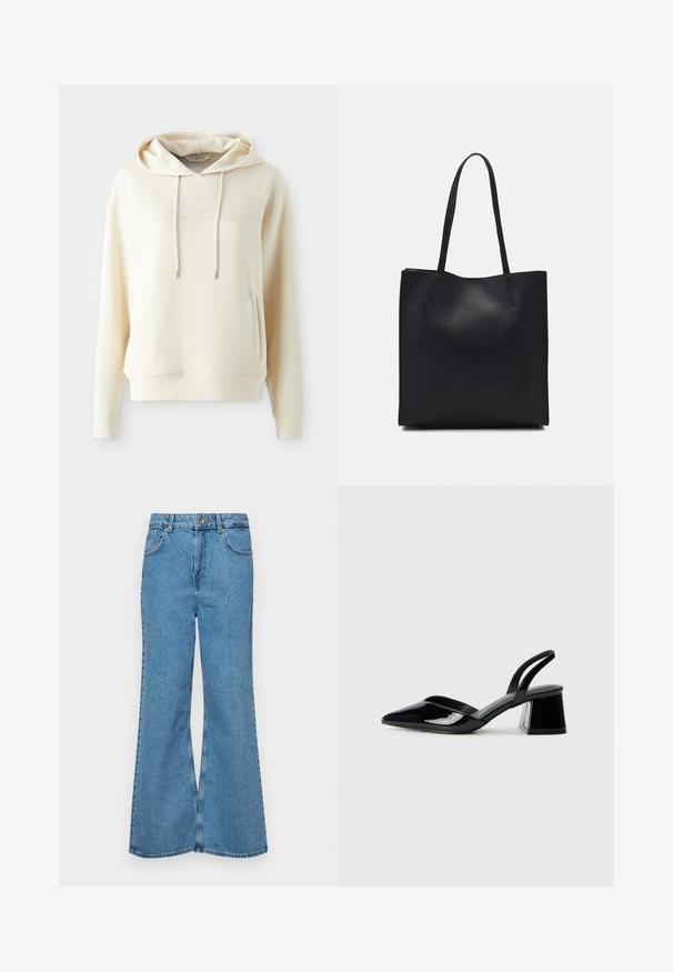 Hanorac de culoare crem, cu buzunar frontal tip kangaroo și sireturi, având un text logo tonifiat subtil centrat pe piept.; Jeanși evazați de culoare albastru deschis, din denim, cu talie înaltă, cinci buzunare și închidere cu un singur buton. Textură moale cu un finisaj decolorat.; Pantofi cu toc slingback din piele lacuită neagră, cu vârf ascuțit și toc geometric. Prezintă un design elegant, minimalist și o textură netedă.; Geantă tote neagră din piele, cu textură netedă, formă rectangulară și două mânere lungi. Fără hardware vizibil sau ornamente.