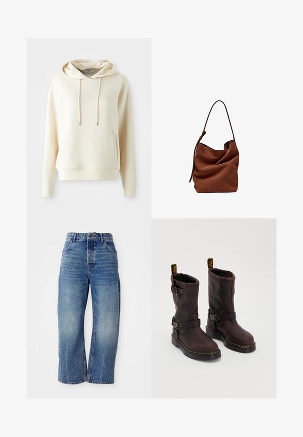 Cremfarbener Kapuzenpullover mit frontaler Kängurutasche und Kordelzügen, mit dezentem, tonal gehaltenem Logo-Text in der Mitte der Brust.; Free People DEEP TRANCE DROPPED - Jeans Relaxed Fit - blue denim; Braune Lederstiefel mit einem Design bis zur Mitte des Wadens, ausgestattet mit einem Riemen und einer Schnalle, einer dicken schwarzen Sohle und gelben Nähakzenten.; Braune Wildleder-Umhängetasche mit einer weichen, lässigen Form und einem langen, einzigen Tragegurt. Sie hat eine dezente, glatte Textur und keine sichtbaren Beschläge.