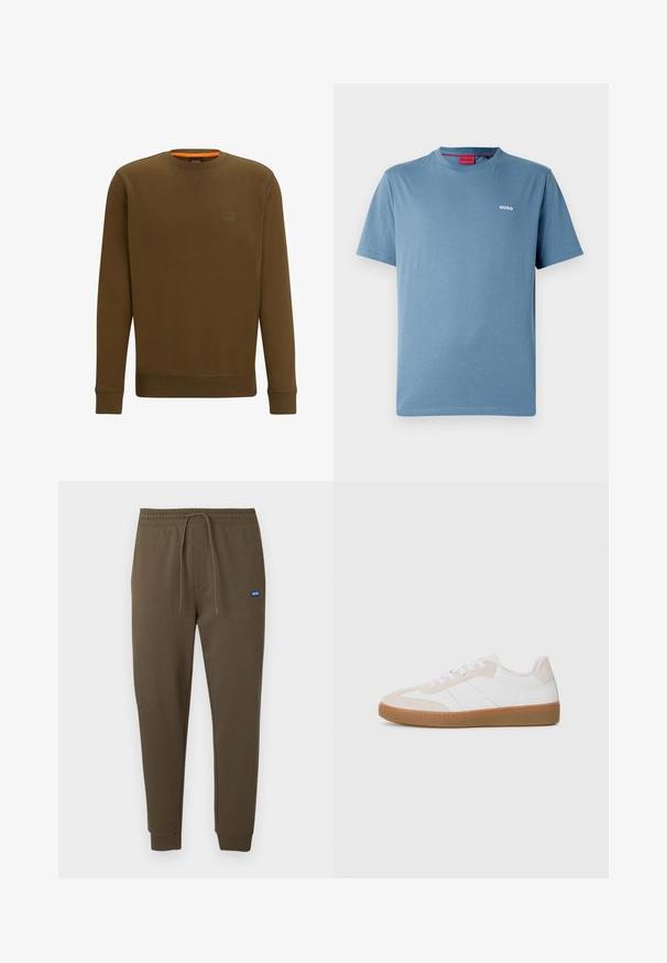 Felpa marrone con scollatura tonda, polsini e orlo a coste. Patch con logo sul lato sinistro del petto con dettaglio interno arancione. Tessuto morbido.; Maglietta blu a maniche corte con scollo rotondo, piccolo logo bianco "HUGO" sul lato sinistro del petto e etichetta interna rossa sul colletto.; Pantaloni della tuta verde oliva scuro con vita elasticizzata, coulisse, tasche laterali e polsini a coste. Piccola toppa con logo blu sul lato sinistro.; Sneaker bianco e beige con elementi in suede e pelle. Presenta una suola in gomma, un design con lacci e righe laterali minimaliste.