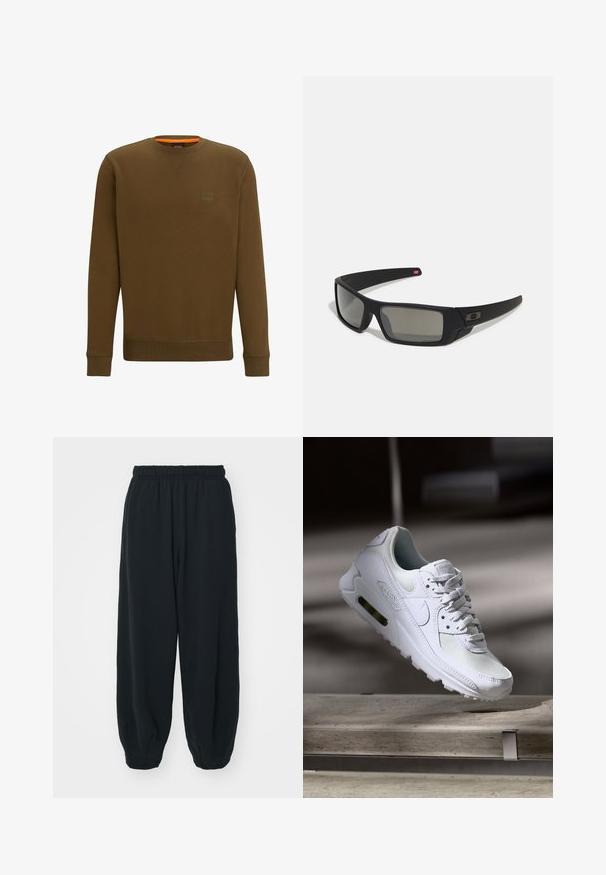 Hnedá mikina s okrúhlym výstrihom, rebrovanými manžetami a lemom. Nášivka loga na ľavej hrudi s oranžovým detailom vo vnútri výstrihu. Mäkká textúra látky.; Čierne tepláky s elastickým pásom, vo voľnom strihu, s manžetami na členkoch, hladkej textúry a bez viditeľných vzorov alebo kovových doplnkov.; Biele tenisky Nike Air Max 90 s vrchnou časťou z kože a sieťoviny, perforovanou špičkou a viditeľnou vzduchovou jednotkou v päte.; Čierne slnečné okuliare s matným povrchom, obdĺžnikové šošovky, mierna krivka na straničkách, nenápadný detail loga a šošovky so zafírovaným tónovaním.