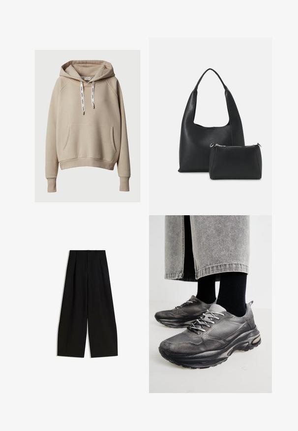 Felpa con cappuccio beige, dotata di tasca a marsupio frontale, polsini e orlo a coste, coulisse bianca regolabile con il nome del marchio stampato.; Pantaloni neri a gamba larga realizzati in tessuto liscio, con vita alta, pieghe frontali e senza decorazioni visibili o fantasie.; Le scarpe da ginnastica nere e grigie presentano una tomaia in rete, suole spesse e lacci. Hanno una punta arrotondata e un dettaglio di ammortizzazione visibile.; Even&Odd Borsa a mano - black