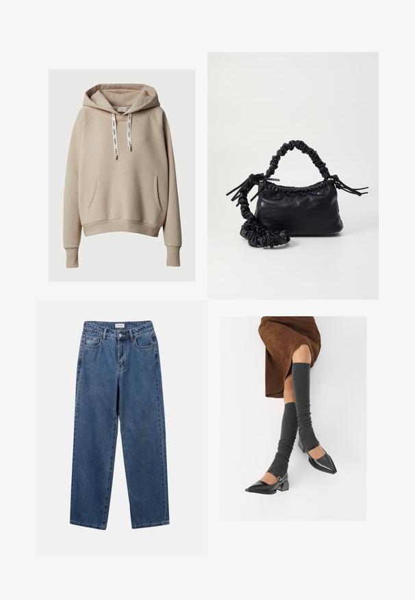 Beige mikina s kapucí, s přední kapsou typu "kangaroo", žebrovanými manžetami a spodním lemem, nastavitelné bílé šňůrky zdobené značkovým názvem.; Klasické modré džíny z denimu se střihy rovné nohy, pěti kapsami a zapínáním na knoflík. Mají střední odstín a odolnou texturu.; Černé lakované boty s špičatou špičkou, blokovým podpatkem a kotníkovým páskem, spárované s šedými žebrovanými návleky na nohy a hnědskou sukní z semiše.; Černá kabelka z umělé kůže s krokodýlím vzorem, staženým vrškem a zmačkaným popruhem. Zdá se, že má měkký a kompaktní design.