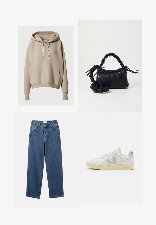 Beige pulóver kapucnis felső elülső kenguru zsebbel, bordás mandzsettával és alsó résszel, állítható fehér húzózsinórral, amelyen a márkaneve szerepel.; Klasszikus kék farmernadrág egyenes szárú dizájnal, öt zsebbel és gombos zárással. Közepes mosású és strapabíró textúrával rendelkezik.; Fehér bőr sneaker bézs velúr részletekkel, perforált orr résszel, lapos fűzőkkel és textúrált krémszínű talppal. Finom márkajelzés található a sarkán.; Fekete műbőr kézi táska krokodil bőr textúrával, összehúzható tetejű és gyűrt pánttal. Lágy és kompakt dizájnúnak tűnik.