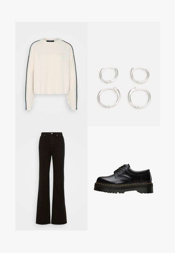 Krēmkrāsas adīts džemperis ar brīvu piegriezumu, kas apveltīts ar melnu svītru apdari gar pleciem un ribotu adījuma tekstūru.; Augstas jostas melni izplūduši džinsi, kas izgatavoti no denima, ar pogu aizdari, sānu kabatām un gludu tekstūru.; Melni ādas kurpju zābaki ar biezām, zāģveida melnām gumijas zolgām un dzeltenu diegu apmalē, ar gludu virsmu.; Sudraba riņķveida auskari, ar gludu, pulētu virsmu. Divi pāri ar nedaudz atšķirīgu izmēru. Vienkāršs, apaļš dizains, viegli.