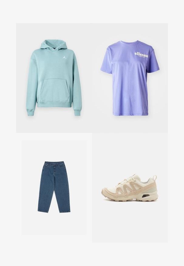 Lys teal hættetrøje med kængurulomme, ribbede manchetter og kant, samt et hvidt Jordan-logo på venstre bryst. Blød stofstruktur.; Lilla bomulds T-shirt med rund udskæring, korte ærmer og hvid "ellesse" logo tekst trykt på forsiden. Glat tekstur.; Blå denimjeans med en afslappet pasform, høj talje, fem-lomme design og syningsdetaljer. Har en knap- og lynlåslukning.; Beige og creme atletiksko med struktureret mesh-overdel, støttende overlays og gummiyderside med et mønster for trækkraft.