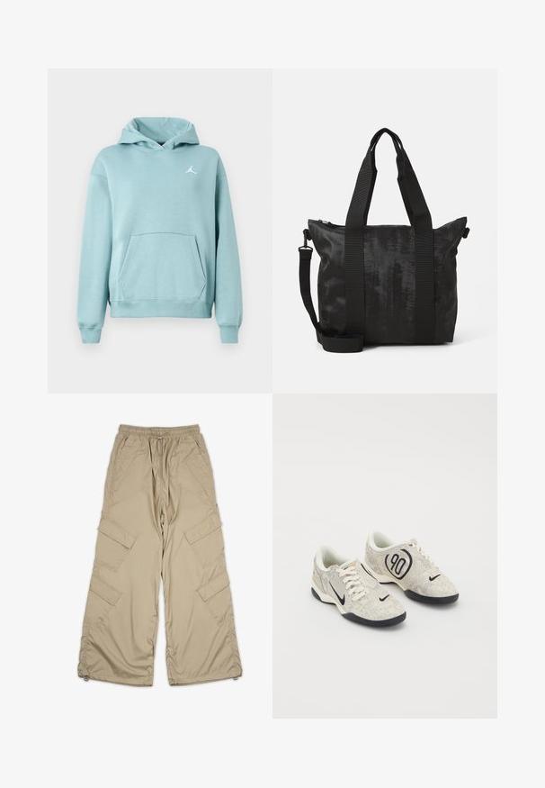 Hoodie teal clair avec une poche kangourou, des poignets et un ourlet côtelés, et un logo Jordan blanc sur la poitrine gauche. Texture de tissu douce.; Pantalons cargo beige avec taille à cordon, plusieurs poches latérales et coupe décontractée. Fabriqués en tissu léger et lisse avec des détails de couture.; Baskets Nike avec une tige texturée beige et grise, des accents noirs, un grand logo "90" et un laçage blanc. Semelle noire.; Sac fourre-tout noir en tissu texturé, avec deux poignées supérieures et une bandoulière amovible. Il est doté d'une fermeture zippée pour un rangement sécurisé.
