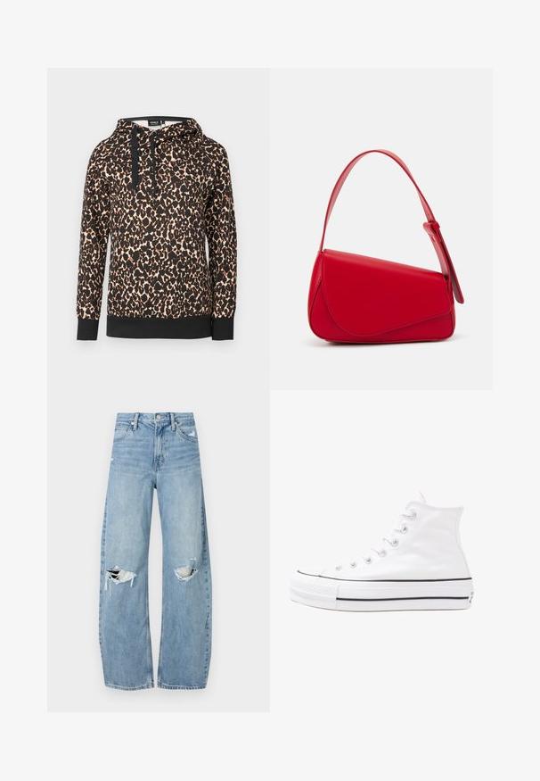 Bluza z kapturem w panterkowy wzór z miękkiego materiału, z czarnym kontrastowym wykończeniem i sznurkami do regulacji. Luźny krój z długimi rękawami.; Jasnoniebieskie, wysokiej talii dżinsy wykonane z denimu. Posiadają szerokie nogawki, dwa podarte miejsca na kolanach oraz klasyczne pięć kieszeni.; Białe wysokie trampki z płótna z czarną gumową podeszwą, przednim czubkiem z gumy i sześcioma dziurkami na sznurowadła, charakteryzujące się prostym, minimalistycznym designem.; Czerwona skórzana torebka o kanciastym, geometrycznym designie. Posiada jedną regulowaną rączkę oraz zapięcie na klapę z przeszyciami.