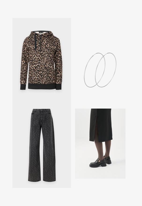 Felpa con cappuccio in stampa leopardata, realizzata in tessuto morbido, con orlo e cordini neri in contrasto. Vestibilità ampia con maniche lunghe.; Noisy May NMJANNEL LOOSE - Jeans baggy - black denim; Scarpe in pelle nera con punta arrotondata, tacco spesso a blocco e accenti laterali in elastico, abbinate a collant scuri e una gonna nera con uno spacco.; Orecchini a cerchio in argento con un design minimalista. Forma circolare, superficie liscia e profilo sottile. Leggeri con una finitura lucida.