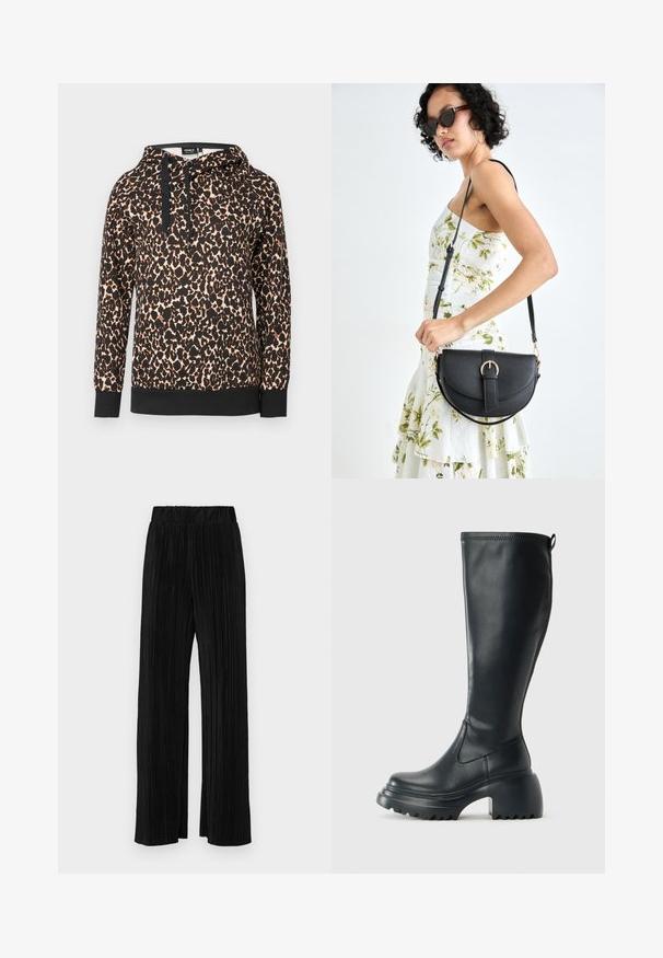 Sweatshirt com capuz em padrão de leopardo em tecido suave, apresentando uma bainha e cordões de contraste pretos. Ajuste solto com mangas longas.; Calças pregueadas pretas com uma cintura elástica. Apresentam pernas largas e um tecido liso, texturizado com riscas verticais.; Bota preta de couro alta com sola de plataforma robusta e salto bloco, apresentando puxador e padrão texturizado na sola.; Bolsa de couro preta com forma curva, alça destacável e detalhes em dourado. A bolsa possui uma aba com detalhe de fivela.