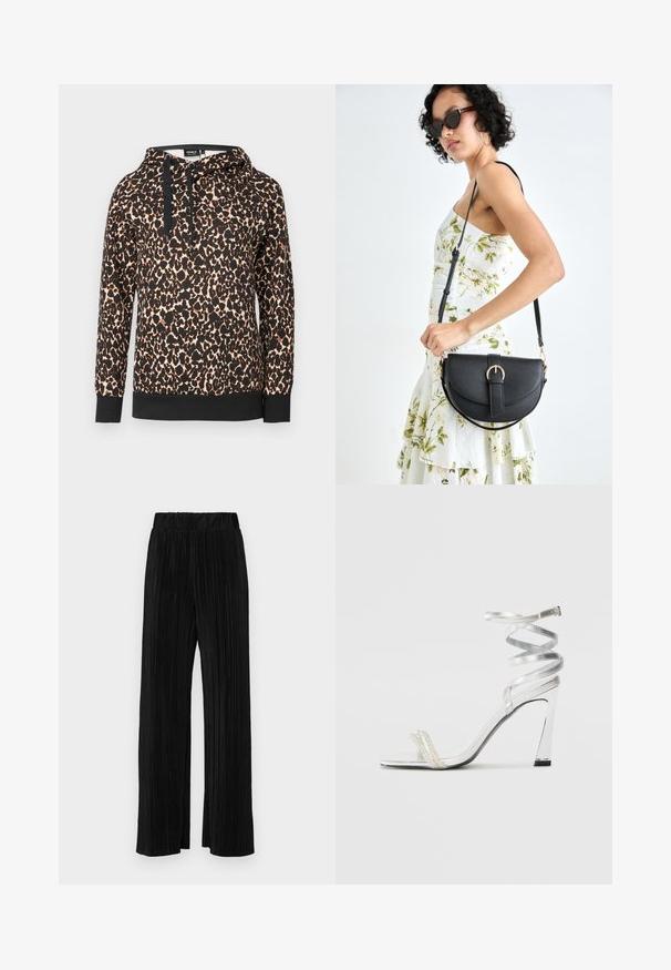 Felpa con cappuccio in stampa leopardata, realizzata in tessuto morbido, con orlo e cordini neri in contrasto. Vestibilità ampia con maniche lunghe.; Pantaloni neri a plissé con vita elasticizzata. Presentano gamba ampia e un tessuto liscio e texture con strisce verticali.; Sandal alta argentata con design di cinturini lucidi, caratterizzata da un accento simile a una perla e una cinghia attorcigliata alla caviglia per una vestibilità sicura.; Borsa a tracolla nera in pelle con una forma curva, manico rimovibile e accessori dorati. La borsa presenta una patta con un dettaglio a fibbia.