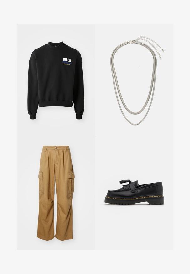 Fekete pulóver kerek nyakkal, hosszú ujjakkal és bordás mandzsettákkal. Az elülső részen fehér és kék színű "INTER" felirat található sárga részletekkel kiegészítve.; Krémszínű cargo nadrág egyenes lábbal, két oldalsó zsebbel és gombos záródással. Puhából és tartós szövetből készült.; Fekete bőr mokaszin, rojtos díszítéssel, masszív fekete talppal és sárga varrással az élén. Texturált felület.; Háromrétegű ezüstszínű fém nyaklánc, letisztult, rugalmas láncokkal, enyhe fényességgel, homárkapoccsal rögzítve és állítható lánccal.