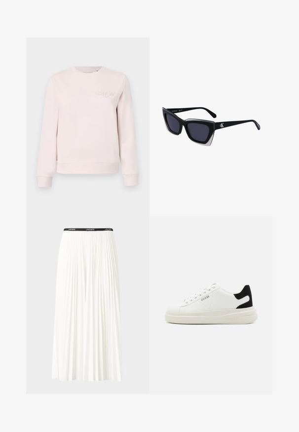 Sweatshirt roz deschis dintr-un amestec de bumbac, cu guler și manșete canalate, având un logo embosat pe piept. Design simplu.; Fustă plisată albă cu un brâu elastic negru, având logo-ul "LACOSTE". Design de lungime medie, cu textură moale.; Adidași din piele albă cu o talpă groasă albă, accent de călcâi din suede negru și logo embosat pe lateral. Design cu șireturi și șase orificii.; Ochelari de soare supradimensionați, negri, cu o formă geometrică, având lentile întunecate și un detaliu gri contrastant pe ramă. Logo pe braț.