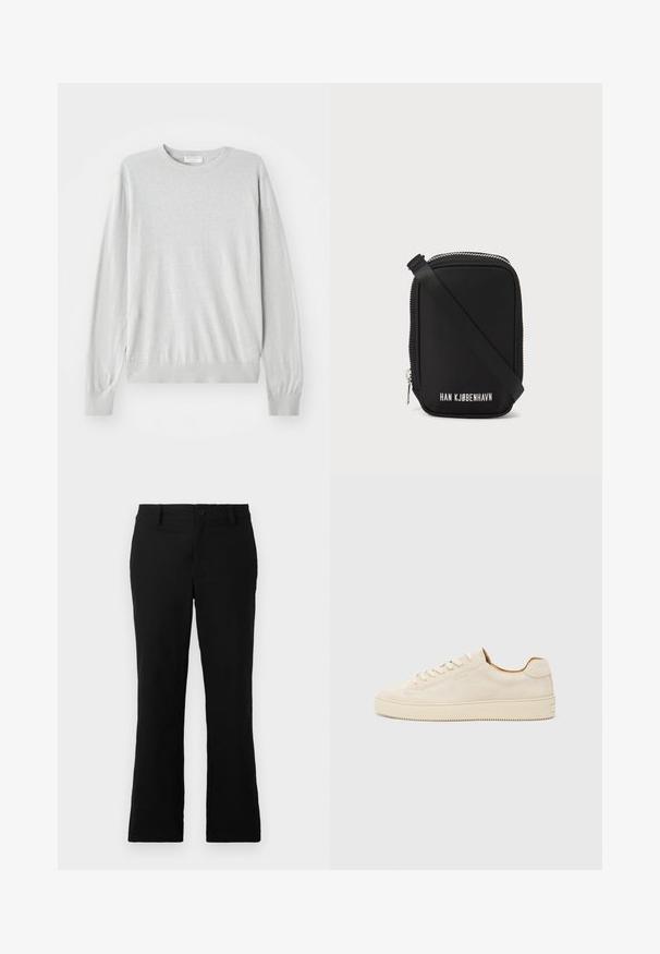 Maglione grigio chiaro in maglia con maniche lunghe, scollatura rotonda e polsini e orlo a costine. Realizzato in un materiale morbido e liscio.; Pantaloni neri a campana realizzati in tessuto misto cotone, caratterizzati da chiusura con bottone, passanti per cintura e una superficie liscia senza motivi visibili.; Sneaker in suede beige con design a basso profilo, punta rotonda, lacci piatti e suola in gomma testurizzata. Stile minimalista senza loghi visibili.; Borsa nera di forma rettangolare, realizzata in materiale liscio. Presenta una zip superiore, una tracolla regolabile e la scritta bianca: "HAN KJØBENHAVN."
