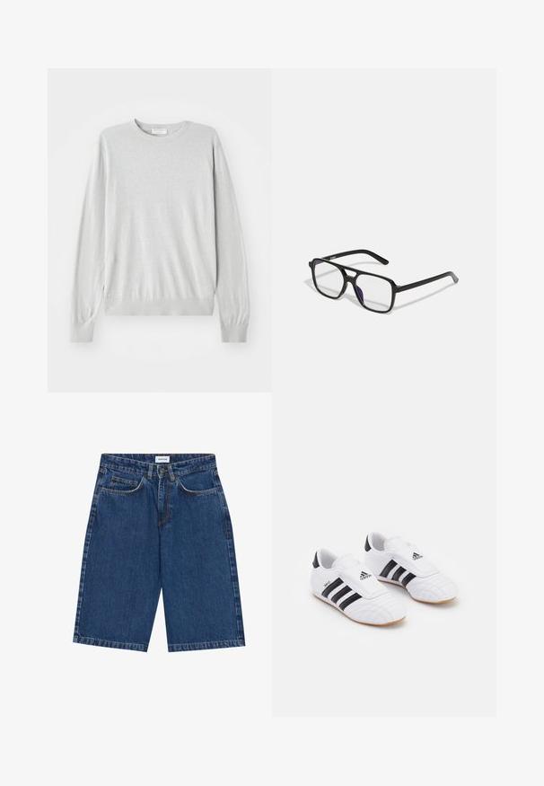 Jasnoszary dziany sweter z długimi rękawami, okrągłym dekoltem oraz prążkowanymi mankietami i dołem. Wykonany z miękkiego, gładkiego materiału.; Jeansowe szorty w ciemnoniebieskim kolorze, z pięcioma kieszeniami, prostym krojem i widocznymi przeszyciami. Gładka faktura i średni stan.; Białe buty sportowe z czarnymi paskami, charakteryzujące się zamszowym wyglądem, zaokrąglonym noskiem i rzepem. Gumowa podeszwa zapewniająca przyczepność.; Czarne prostokątne okulary z przezroczystymi soczewkami i subtelnym fioletowym odcieniem, z eleganckimi zausznikami i minimalistycznym designem.