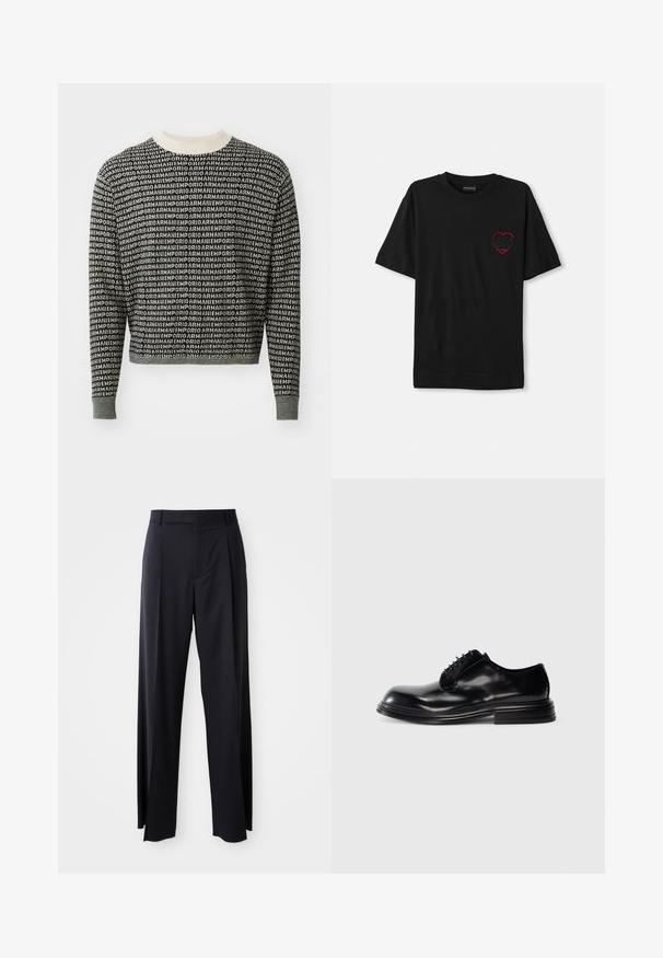 Juoda ir balta trumpa megztinis su pakartotu logotipo raštu, su briaunotu kaklu ir rankogaliais, pagamintas iš švelnaus mezgimo audinio.; Juoda medvilnės marškinėliai trumpomis rankovėmis, su raudonu siuvinėjimu širdelės formos kairėje krūtinės pusėje. Klasikinis apvalus iškirpimas, laisvas modelis.; Juodi, aukštai užtraukiami kelnių modeliai su plačiomis kojomis, pagaminti iš lygaus audinio. Yra priekiniai raukšlės ir diržo kilpos. Minimalistinio dizaino, be matomų detalių.; Juodas odinis batų modelis su apvalia nosimi, lygia apdaila, raišteliu surišimu ir sudėtingu kulnu. Minimalistinis stilius be išorinių logotipų.