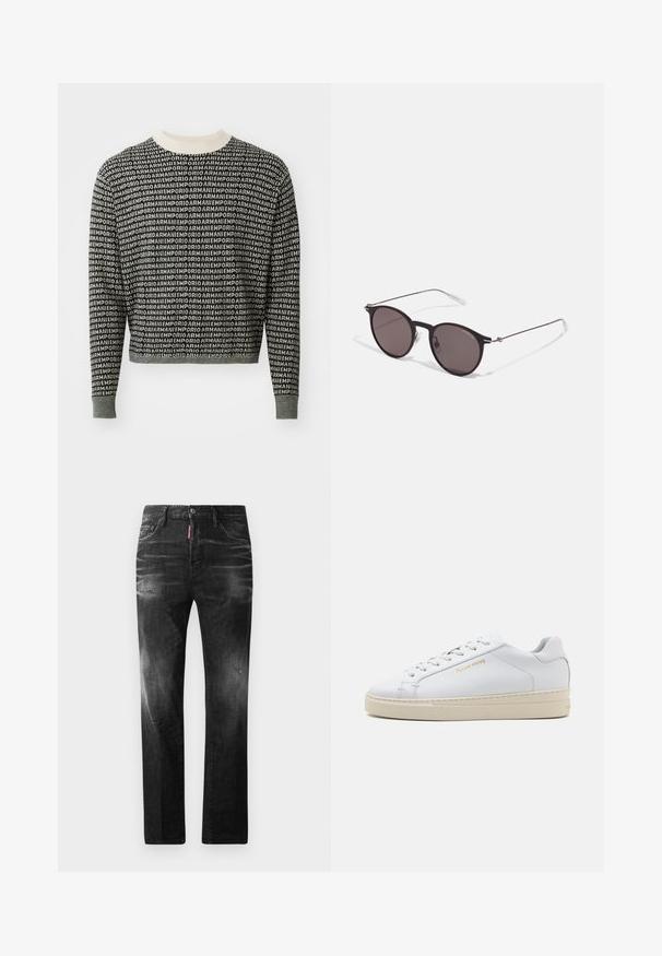 Fekete-fehér, rövidített pulóver, amely ismétlődő logó mintával, bordás nyakkal és mandzsettával, puha kötött textúrával rendelkezik.; Fekete farmernadrág egyenes szabással. Fakadó területek, kisebb kopások, klasszikus öt zsebes kialakítás és gombos zárás jellemzi.; Fehér bőr sportcipő, kerek orral, lapos fűzőkkel és krém színű gumitalppal. Diszkrét arany logóval és sima felülettel rendelkezik.; Fekete kerek napszemüveg sötét lencsékkel és karcsú fém szárakkal. Átlátszó szárvégeket és ezüst részleteket tartalmaz az ívnél. Minimalista dizájn.
