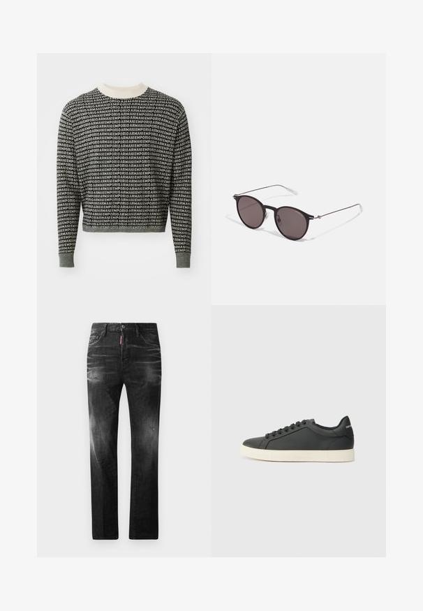 Melnbalts iecirsts džemperis ar atkārtotu logo rakstu, ribotu apkakli un piedurkņu galiem, ar mīkstu dzijas tekstūru.; Melni džinsi no denima ar taisnu piegriezumu. Iespējas ietver izbalējušas vietas, nelielas nodiluma pazīmes, klasisko piecu kabatu dizainu un pogu aizdari.; Melna ādas kedas ar zemu profilu, noapaļotu purngalu un savelkamu aizdari; ar teksturētu gumijas zoli un logotipa detaļu uz papēža.; Melni apaļi saulesbrilles ar tumšiem lēca un plānām metāla stangām. Iekļautas caurspīdīgas tempļu galviņas un sudraba akcenti pie eņģes. Minimalistisks dizains.