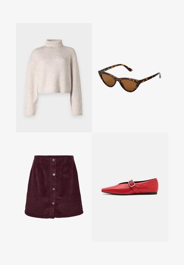Crème gebreide trui met een hoge kraag, cropped ontwerp en lange mouwen. Zachte textuur, lichtgewicht stof en minimale details.; Bordeaux corduroy mini-jurk met A-lijnvorm, voorzien van vijf zilveren knopen aan de voorkant en een subtiele ribbelstructuur.; Rode leren platte schoen met een spitse neus, voorzien van een zijkant band met een metalen gesp en een lage zwarte hak. Gladde textuur overal.; Cat-eye zonnebril met een zwart en oranje schildpadframe, bruine lenzen en slanke, puntige uiteinden. Bevat een minimalistisch logo op de poot.