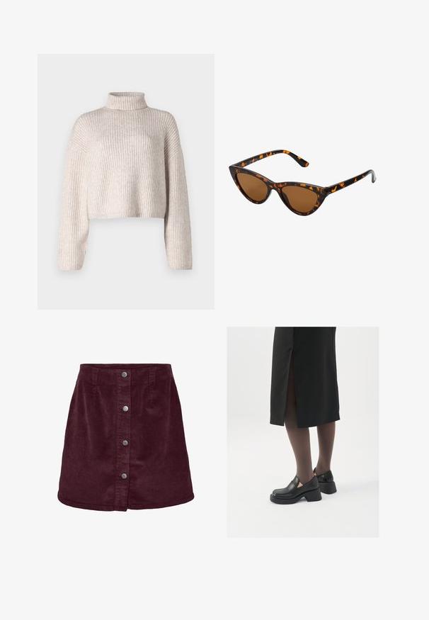 Kremowy sweter z prążkowanego dzianiny o wysokiej kołnierzu, skróconym kroju i długich rękawach. Miękka faktura, lekki materiał i minimalne wykończenia.; Burgundowa mini spódnica z korduroju w kształcie litery A, z pięcioma srebrnymi guzikami z przodu i subtelną teksturą prążkowaną.; Czarne skórzane buty z okrągłym noskiem, grubym blokowym obcasem i elastycznymi akcentami po bokach, zestawione z ciemnymi rajstopami i czarną spódnicą z rozcięciem.; Okulary przeciwsłoneczne w kształcie kocich oczu z czarno-pomarańczową oprawą w deseń żółwia, brązowymi soczewkami i eleganckimi, spiczastymi końcówkami. Posiadają minimalistyczne logo na zauszniku.