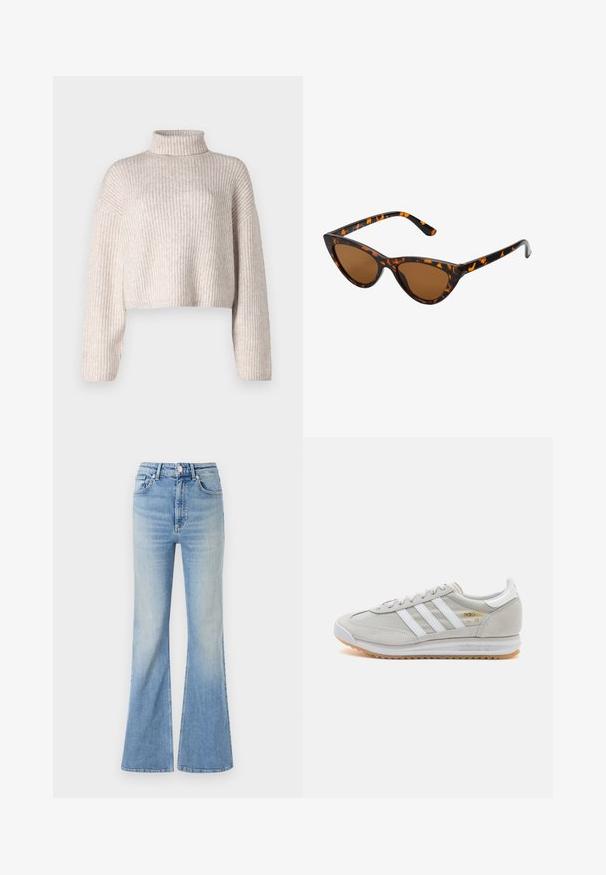 Cream ribbed knit sweater with a high-collar, cropped design, and long sleeves. Soft texture, lightweight fabric, and minimal detailing.; Light blue flared jeans made of denim, featuring a high waist, five-pocket design, and subtle gradient fading towards the hem.; Light grey sneaker made of suede and mesh, featuring three white stripes, round toe, and a gum rubber sole. Gold logo accent near laces.; Cat-eye sunglasses with a black and orange tortoiseshell frame, brown lenses, and sleek, pointed tips. Features a minimal logo on the temple.