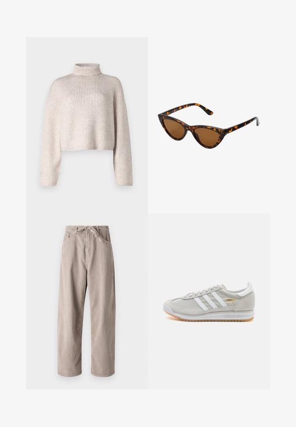 Kerman ribbed knit sweateri, jossa on korkea kaulus, lyhennetty malli ja pitkät hihat. Pehmeä rakenne, kevyt kangas ja minimaalinen yksityiskohtaisuus.; Beige corduroy-housut, joissa on löysä malli, piilovetoketjulla, kaksi etutaskua ja pystyribbattu pinta.; Vaaleanharmaat sneakerit, jotka on valmistettu mokasta ja verkosta, sisältäen kolme valkoista raitaa, pyöreän kärjen ja kumisen pohjan. Kultainen logo yksityiskohta nauhojen läheisyydessä.; Kattöga solglasögon med en svart och orange sköldpaddsmönstrad båge, bruna linser och slanka, spetsiga spetsar. Har en minimal logotyp på skalmen.