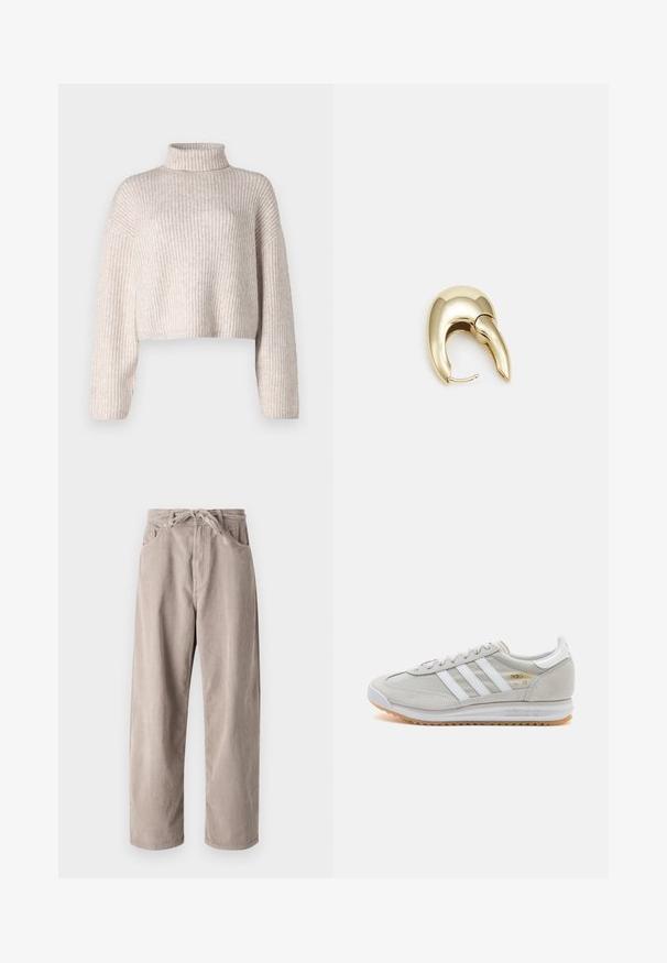 Kreemist ribatakist knit-sviitrilt kõrge kaelusega, lühikese disaini ja pikkade varrukatega. Pehme tekstuur, kergest kangast ja minimaalsete detailidega.; Beige kammkootud püksid, millel on mugav lõige, paelaga vöökoht, kaks eesmist taskut ja vertikaalne soonik tekstuur.; Heled hallid tossud, mis on valmistatud nubukist ja võrgust, millel on kolm valget triipu, ümmargune varvas ja kummist tald. Kuldne logoelement paelte lähedal.; Kuldtooni metallist kõrvarõngas, millel on elegantne ja kaarjas disain. Omab silmapaistvat teravat kuju, poleeritud pinda ja hingesulgemist.