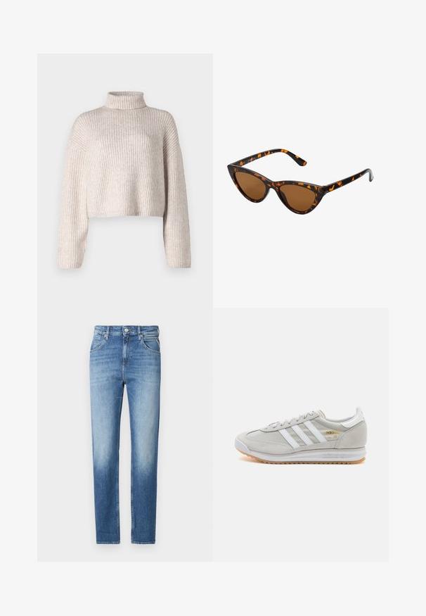 Maglione a costine color crema con design cropped e colletto alto, maniche lunghe. Texture morbida, tessuto leggero e dettagli minimi.; Jeans in denim blu chiaro con vestibilità dritta, texture sbiadita, cinque tasche e chiusura con bottone in vita. Dettagli di cucitura distintivi.; Sneaker grigio chiaro realizzato in suede e rete, con tre strisce bianche, punta arrotondata e suola in gomma color caramello. Accento del logo dorato vicino ai lacci.; Occhiali da sole cat-eye con una montatura tartarugata nera e arancione, lenti marroni e punte affusolate e eleganti. Presentano un logo minimale sulla asta.