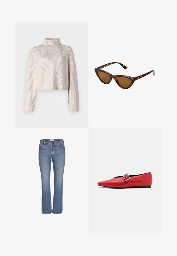 Krämfärgad ribbad tröja med hög krage, kort design och långa ärmar. Mjuk textur, lätt tyg och minimal detaljering.; Mörkblå raka jeans av denim med knapp- och dragkedjestängning fram, bälteslopp och fram- och bakfickor.; Röd läderballerinasko med spetsig tå, försedd med en sidrem med en metalldolk och en låg svart klack. Slät textur genom hela skon.; Kattögon-solglasögon med en ram i svart och orange sköldpaddsmönster, bruna linser och smala, spetsiga tips. Har en minimalistisk logotyp på bågen.