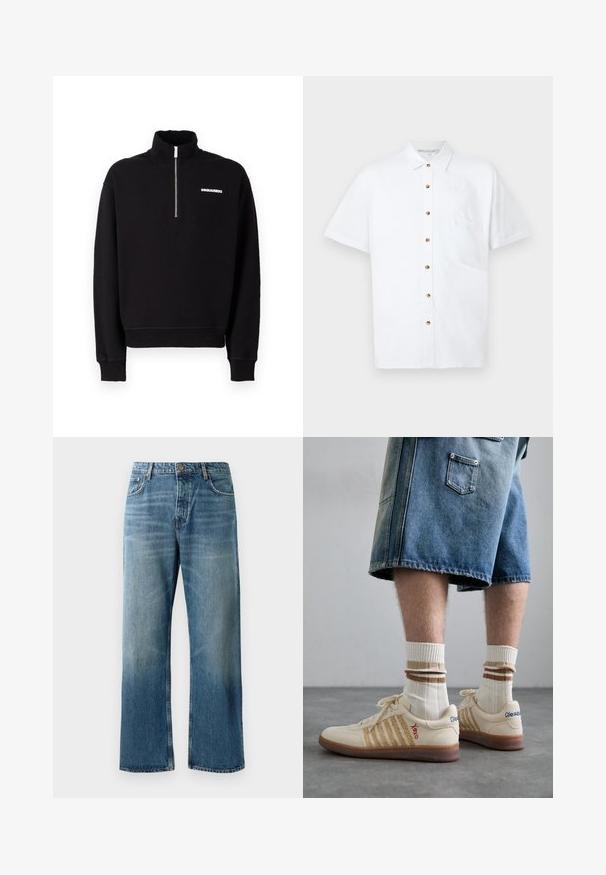 Zwarte zip-up sweatshirt van een katoenmix, met een hoge kraag, lange mouwen en een logo detail aan de voorkant.; Witte korte mouwen shirt van linnen, met een knoopsluiting aan de voorkant, een borstzak en houten knopen als accent.; Lichtblauwe wijde jeans met een vervaagde wassing, voorzien van een enkele knoopsluiting, vijf zakken en contrasterende stiksels.; Beige retro sneakers met een bruine rubberen zool, met gestreepte accenten en geborduurde logo's. Draag ze met witte sokken met gestreepte bruine details.