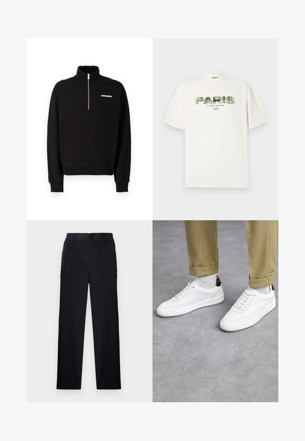 Zwarte zip-up sweatshirt van een katoenmix, met een hoge kraag, lange mouwen en een logo detail aan de voorkant.; Witte katoenen t-shirt met een grote grafische print van "PARIS" in camouflage ontwerp. Korte mouwen en een ronde hals. Casual, relaxte pasvorm.; Zwarte broek van een lichtgewicht, gestructureerde stof, met een recht model, elastische Tailleband en zijzakken met rits.; Witte sneakers met een textuur van leerafwerkingen, een ronde neus en een zwarte hielaccent. Rubberen zool met een klein profiel en gestikte details.