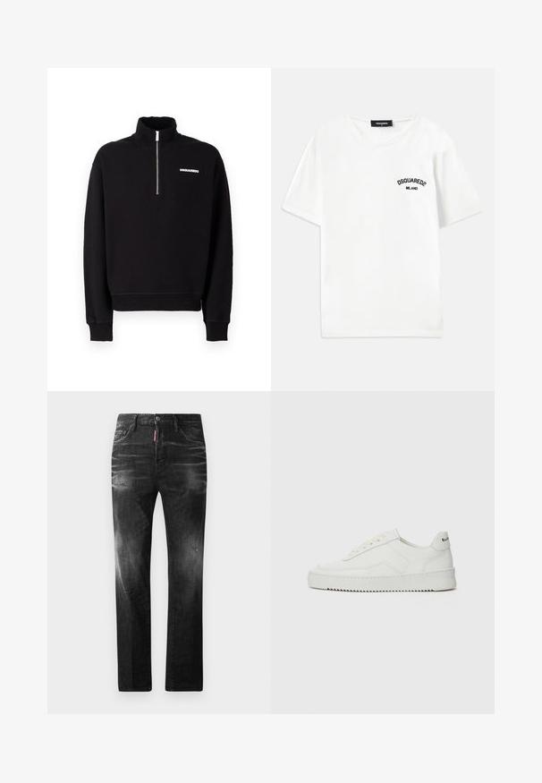 Schwarze Zip-up Sweatjacke aus einem Baumwollmischgewebe, mit hohem Kragen, langen Ärmeln und einem Logodetail auf der Vorderseite.; Weißes Baumwoll-T-Shirt mit Rundhalsausschnitt, kurzen Ärmeln und einem schwarz gestickten Logo mit der Aufschrift "DSQUARED2 MILANO" auf der linken Brust.; Schwarze Jeans aus Denim mit geradem Schnitt. Verfügt über ausgebleichte Bereiche, leichte Abnutzung, klassisches Fünf-Taschen-Design und einen Knopfverschluss.; Weiße Ledersneaker mit glatter Oberfläche, runder Zehenpartie, flachen Schnürsenkeln und strukturiertem Sohlenprofil. Mit einem dezenten Logo an der Ferse.