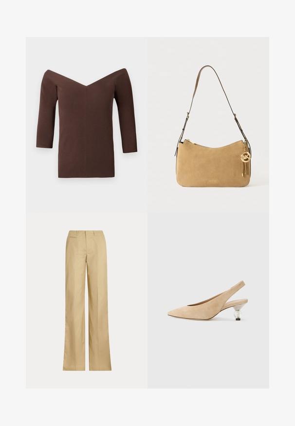 Brūns ribots topiņš bez pleca ar V-veida kakla izgriezumu, ar trīs ceturtdaļu piedurknēm un pieguļošu siluetu. Gluda tekstūra visā virsmā.; Bēši platā kājām bikses, izgatavotas no gludas kokvilnas, ar klasisku vidukli un aizmugures kabatu, taisnu piegriezumu un minimālu noformējumu.; Bēša zamšādas sandalē ar smailu pirkstu un caurspīdīgu, noapaļotu papēdi. Gluda tekstūra un minimālisma dizains.; Bēšs zamšas pleca soma ar izliekta formu, zelta aksesuāriem un ar rāvējslēdzēju aizdari. Iespējamā piekārta piekariņš ar iniciāļiem "MK."