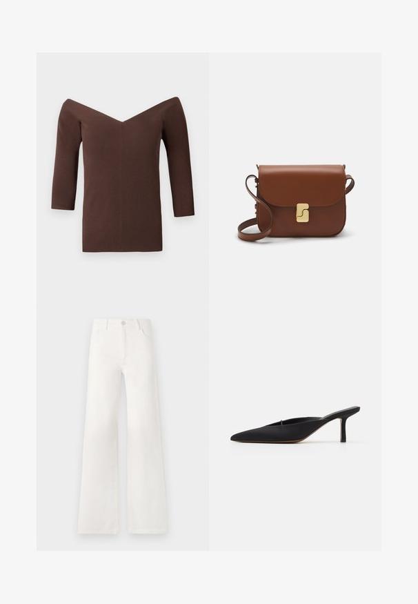 Braun geripptes Off-Shoulder-Top mit V-Ausschnitt, ausgestattet mit Dreiviertelärmeln und einer figurschmeichelnden Silhouette. Glatte Textur überall.; Weiße, hoch taillierte, weite Jeans aus Denim. Verfügt über einen Knopfverschluss, zwei Fronttaschen und Seitennähte mit Stickdetails.; Schwarze spitz zulaufende Mule mit einem eleganten Design, aus glattem Material gefertigt, verfügt über einen schmalen Absatz und eine offene Ferse für ein einfaches An- und Ausziehen.; Braune Ledertasche mit Klappenverschluss, Beschlägen in Goldfarbe, einem Schultergurt und einer glatten Oberfläche. Kompakte rechteckige Form.
