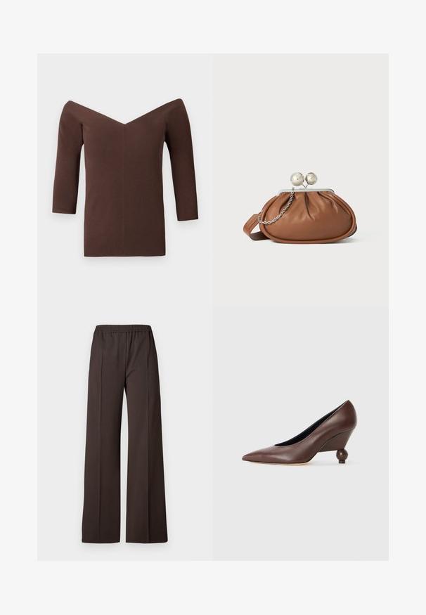 Top marrone a coste, con scollo a V e spalle scoperte, caratterizzato da maniche a tre quarti e una silhouette aderente. Texture liscia in tutto il capo.; Pantaloni a gamba larga in tessuto marrone scuro con vita elastica, caratterizzati da una superficie liscia e linee pulite per un look elegante.; Pantofole a zeppa in pelle marrone con punta affusolata e tacco arrotondato a forma di sfera. Texture liscia con un design semplice e accenti minimi.; Pochette in pelle marrone con chiusura a sfera argentata e un piccolo dettaglio a catena argento su sfondo bianco.
