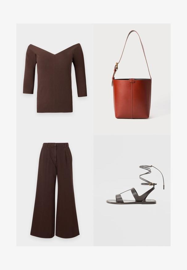 Braun geripptes Off-Shoulder-Top mit V-Ausschnitt, ausgestattet mit Dreiviertelärmeln und einer figurschmeichelnden Silhouette. Glatte Textur überall.; Hochtaillierte, weit geschnittene, braune Hose mit Knopf- und Reißverschluss, Gürtelschlaufen und frontalen Falten.; Braune Ledersandale mit flacher Sohle, minimalistischem Design, gebogenem Knöchelriemen und mehreren Ausschnitten für Atmungsaktivität.; Braune Leder-Eimer-Tasche mit verstellbarem Schultergurt und goldfarbener Schnalle, einfache vertikale Nahtdetails auf der Vorderseite.