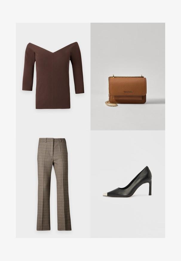 Braun geripptes Off-Shoulder-Top mit V-Ausschnitt, ausgestattet mit Dreiviertelärmeln und einer figurschmeichelnden Silhouette. Glatte Textur überall.; Braune karierte Hose mit geradem Bein, die aus einem strukturierten Stoff gefertigt ist und dezente Farbtöne von Beige und dunkleren Brauntönen im Muster aufweist.; Schwarzer Lederschuh mit hohem Absatz, spitz zulaufender Zehenpartie und metallischer silberner Spitze. Verfügt über eine glatte Oberfläche und einen schlanken 10 cm hohen Absatz.; Braune strukturierte Ledertasche mit goldener Kettenriemen und Klappenverschluss. Die Vorderseite zeigt ein Logo-Detail und eine Tasche unter der Klappe.