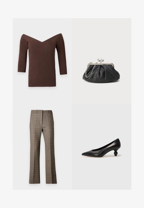 Hnedý rebrovaný top bez ramienok s V-výstrihom, ktorý má trištvrťové rukávy a priliehavý strih. Hladká textúra po celom povrchu.; Hnedé kárované nohavice so strihom rovného nohu, s textúrovanou tkaninou a jemnými farbami béžovej a tmavších hnedých odtieňov v celom vzore.; Čierna kožená vysoká topánka na podpätku s ostrým špičkou a okrúhlym, guľatým podpätkom. Hladký povrch s moderným, minimalistickým dizajnom.; Čierna kožená kabelka s vrúbkovou textúrou, strieborným kovovým rámom, uzáverom na pobozkanie a retiazkou na nosenie. Hladký, jemný povrch.