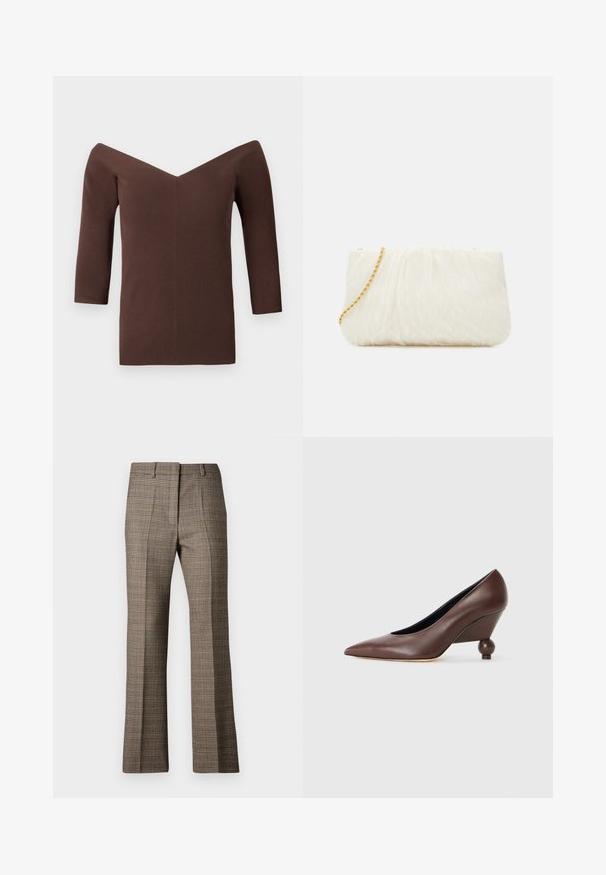 Hnědý žebrovaný top bez ramínek s výstřihem do V, obsahující tříčtvrteční rukávy a přiléhavý siluetu. Hladká textura po celém povrchu.; Hnědé kostkované kalhoty s rovnými nohavicemi, vyrobené z texturované látky a s jemnými odstíny béžové a tmavší hnědé barvy po celé vzoru.; Hnědé kožené klínové lodičky s špičatou špičkou a zaobleným, kulatým podpatkem. Hladký povrch s jednoduchým designem a minimem akcentů.; Bílá texturovaná kabelka s uloženým designem, vybavená zlatým řetízkem. Hladký povrch s jemnými vlnami a zaoblenými okraji.